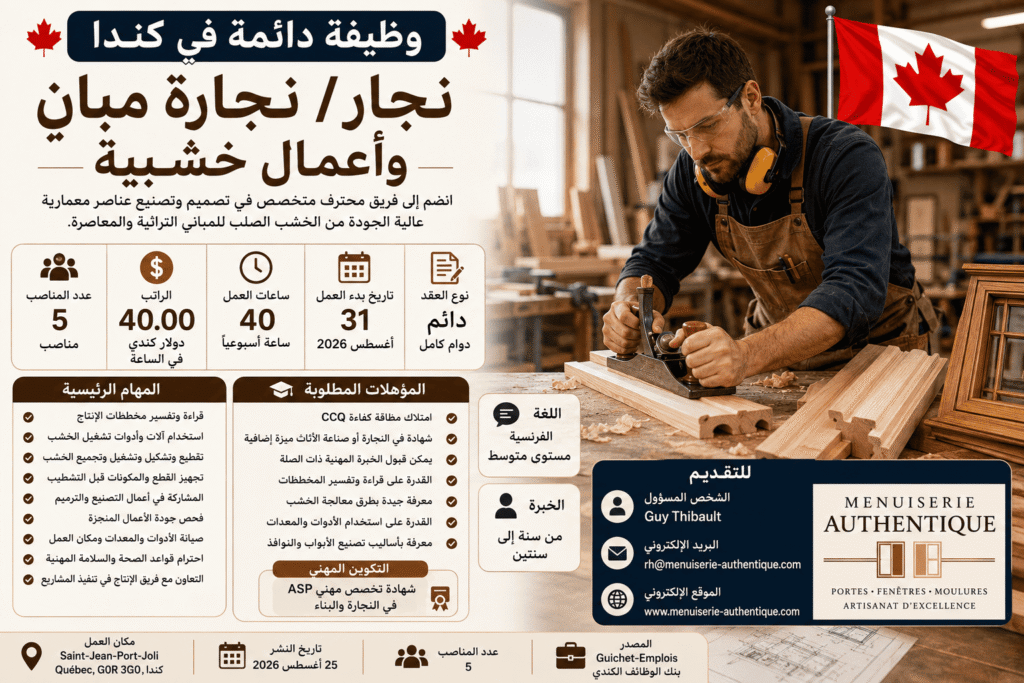 وظيفة دائمة في كندا – 5 نجار / 5 نجارة مبانٍ وأعمال خشبية