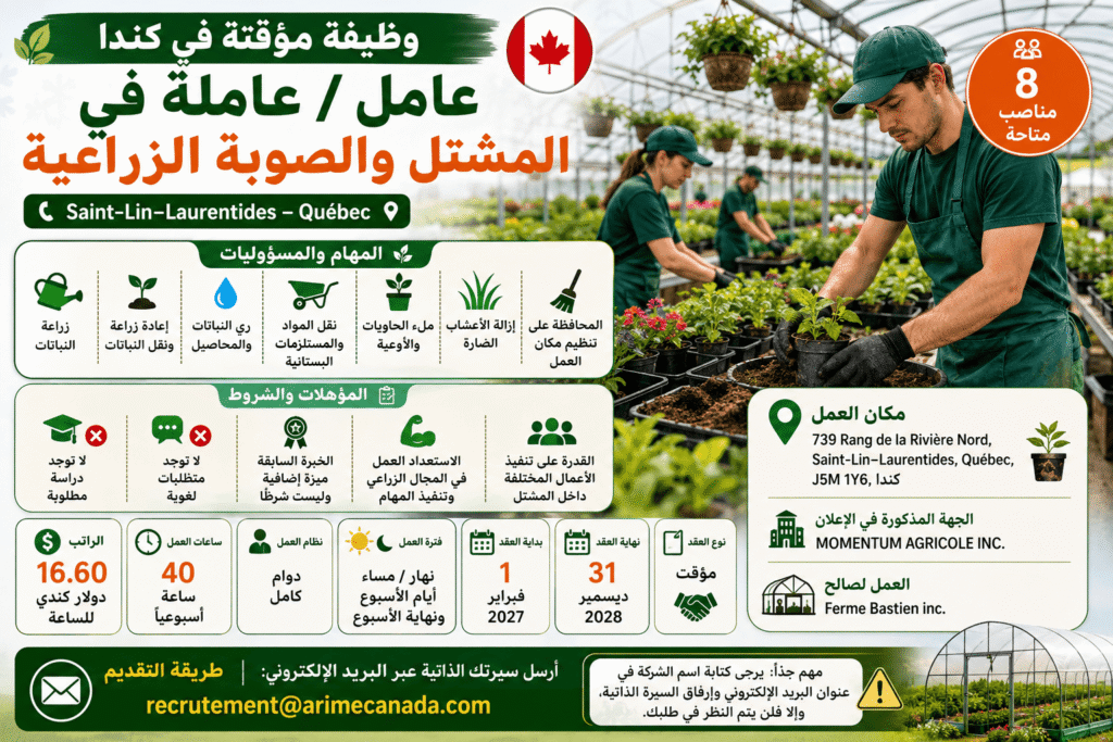 وظيفة مؤقتة في كندا – عامل / عاملة في المشتل والصوبة الزراعية