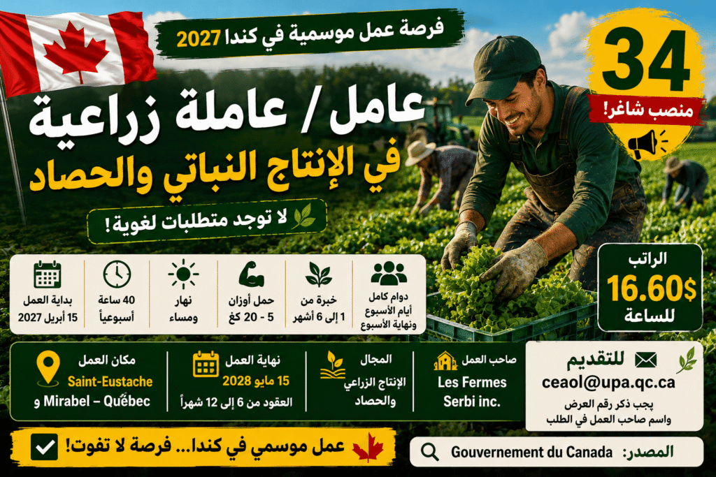 وظيفة موسمية في كندا – 34 عامل / 34 عاملة زراعية في الإنتاج النباتي