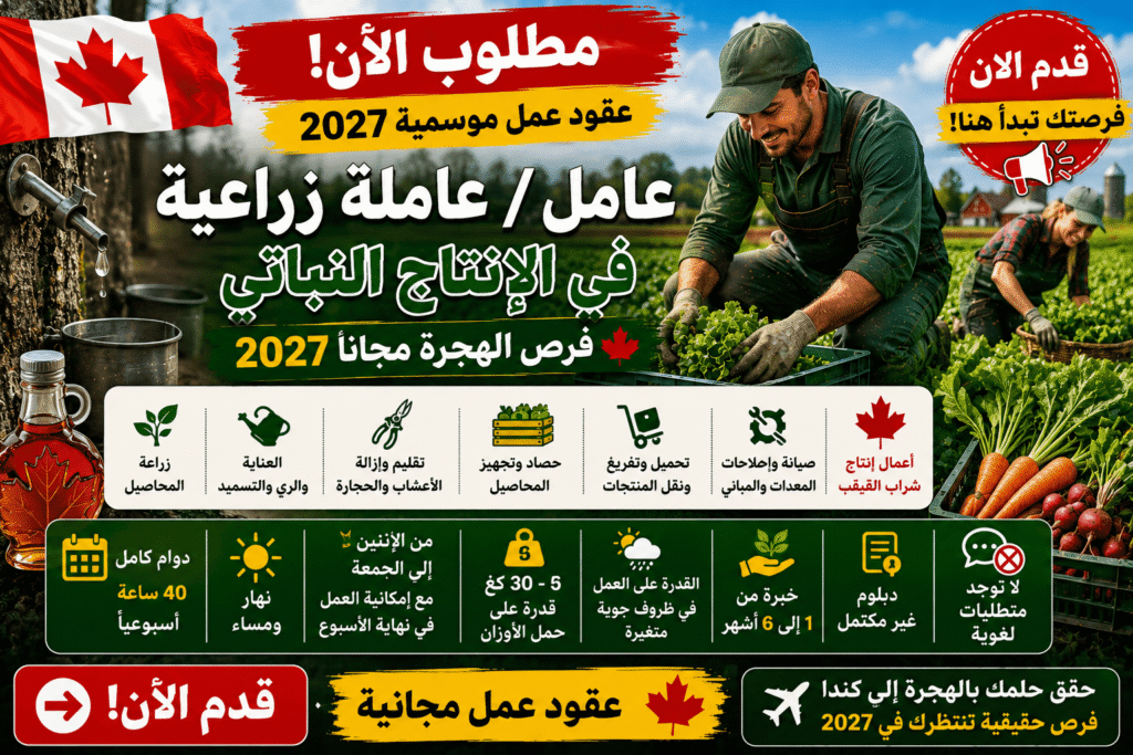 وظيفة موسمية في كندا – 18 عامل / 18 عاملة زراعية في الإنتاج النباتي
