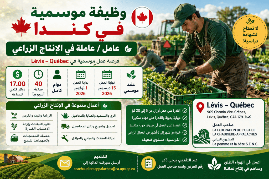 وظيفة موسمية في كندا – عامل / عاملة في الإنتاج الزراعي