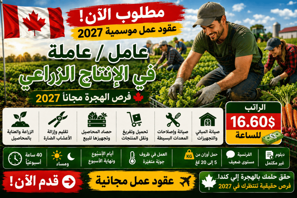 وظيفة موسمية في كندا – 34 عامل / 34 عاملة في الإنتاج الزراعي