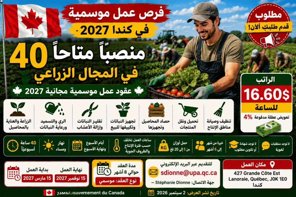 عقود عمل موسمية في كندا 2027 – مطلوب 40 منصبًا في المجال الزراعي 🇨🇦