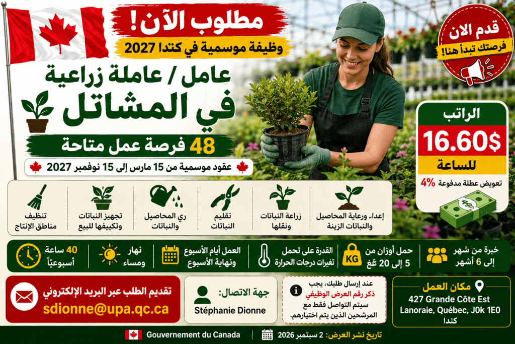 وظيفة موسمية في كندا – 48 عامل / 48 عاملة زراعية في المشاتل