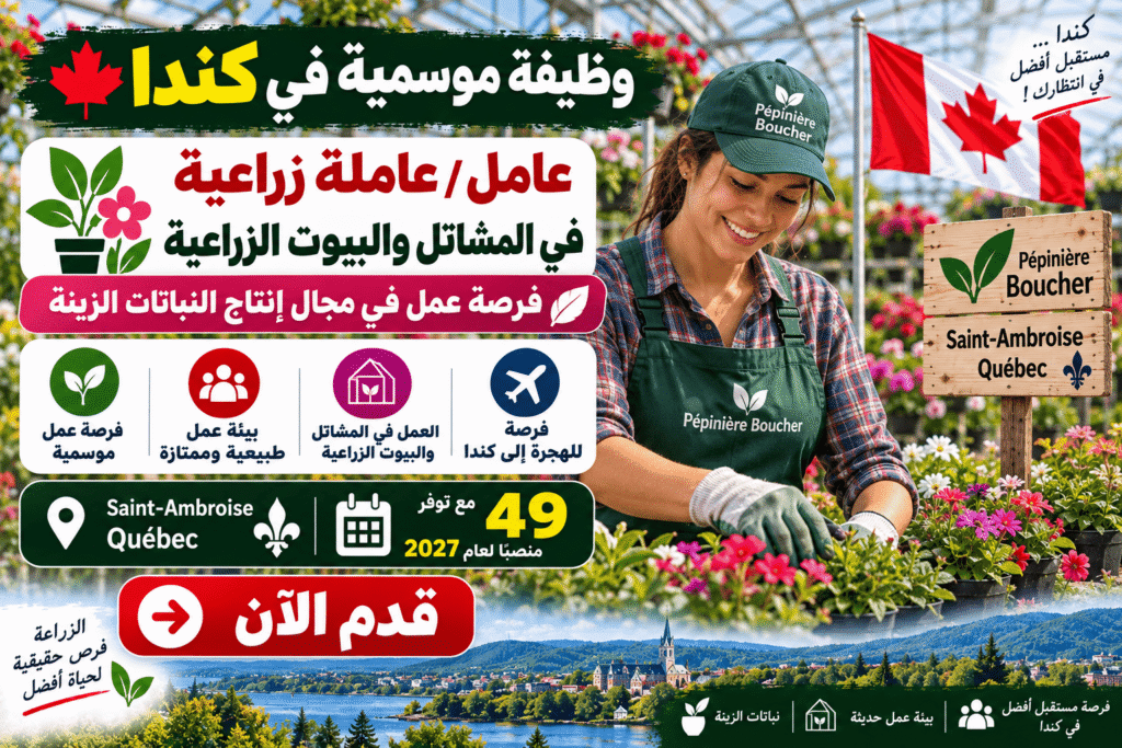 وظيفة موسمية في كندا – مطلوب 49 عامل / عاملة زراعية في المشاتل والبيوت الزراعية